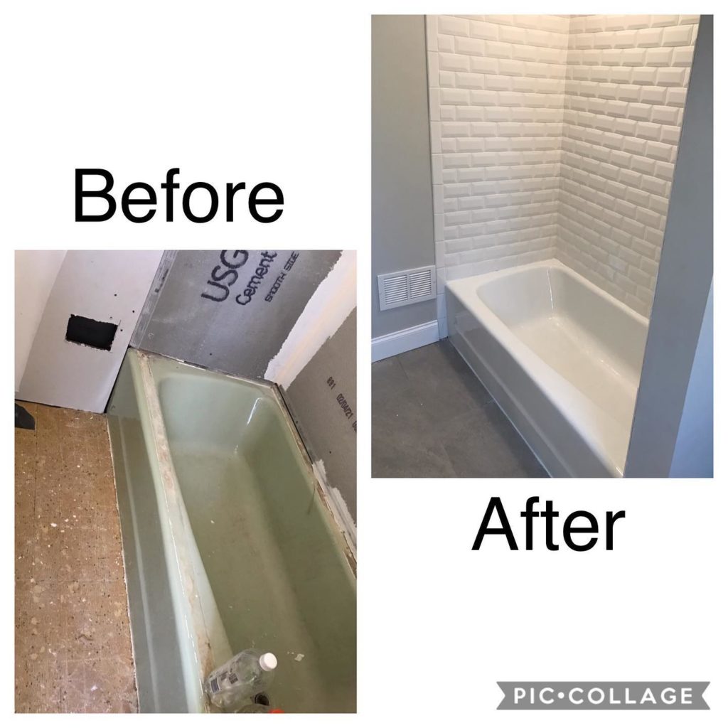 Before and after of a bathtub renovation, showing an old tub under construction and a newly installed white tub with tiled walls.